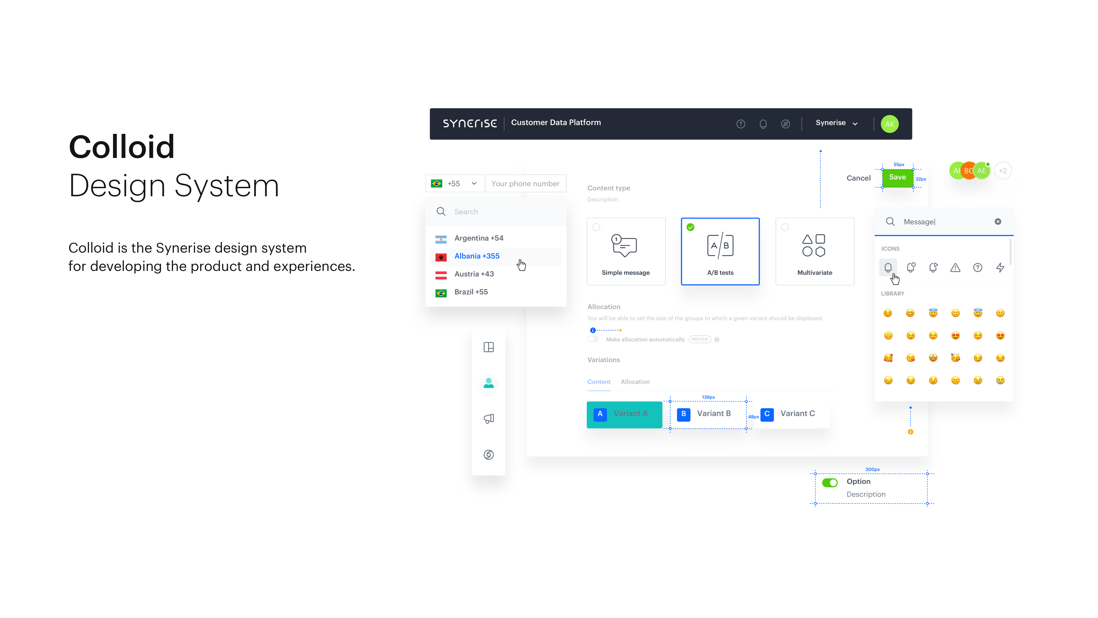 Colloid in production — the Synerise design system rendering real product UI (A/B test builder, phone input, emoji picker) from one shared component set